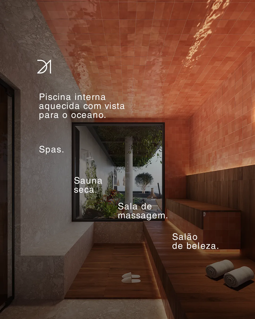 Piscina interna aquecida · Spas e sauna